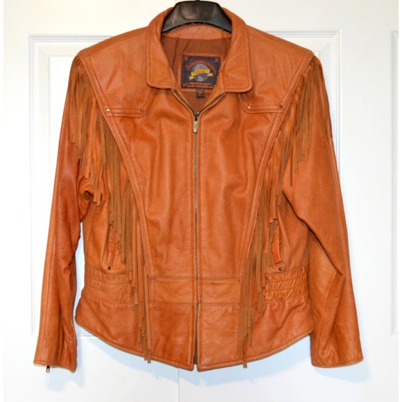 Vtg WILSON'S Adventure Bound‎ Women's L Tan Leather Fringed Western Jacket